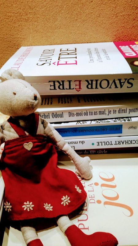 Un ours en peluche vêtu d'une robe rouge est assis à côté d'une pile de livres, dont les titres comprennent « SAVOIR ÊTRE » et « ELLE ».