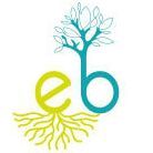 Logo avec texte « eb » : « e » en vert citron avec des racines, « b » en bleu sarcelle avec des branches d'arbres et des feuilles.