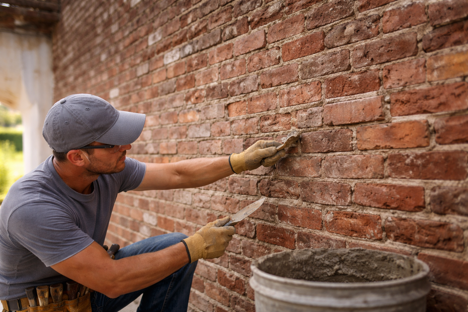 A person in a cap and work gloves uses a trowel to apply mortar between bricks on a weathered exterior wall.