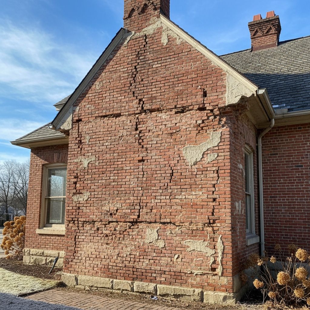 Damaged brick masonry exhibiting cracks, spalling, and crumbling mortar