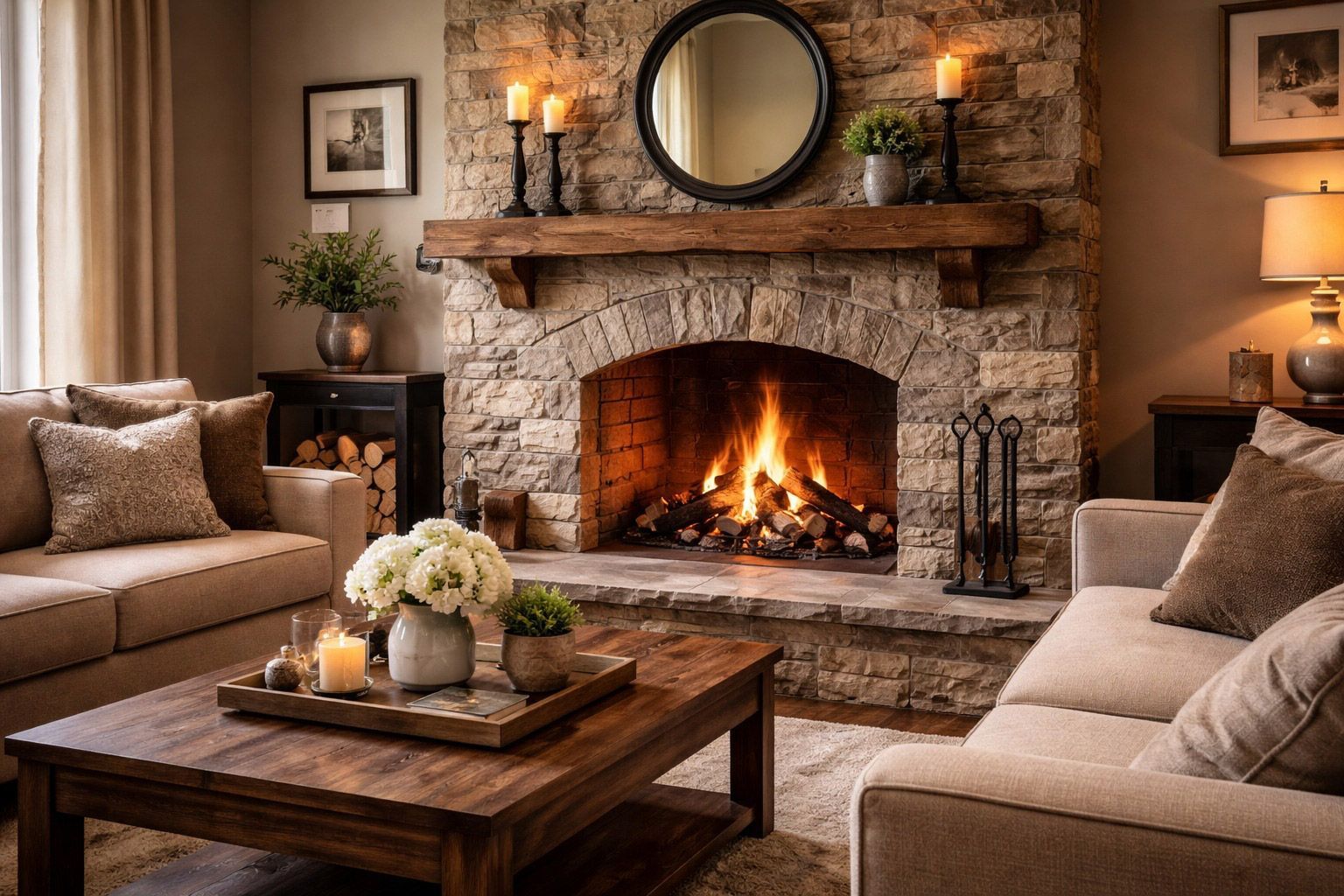 Living Room With Stone Fireplace