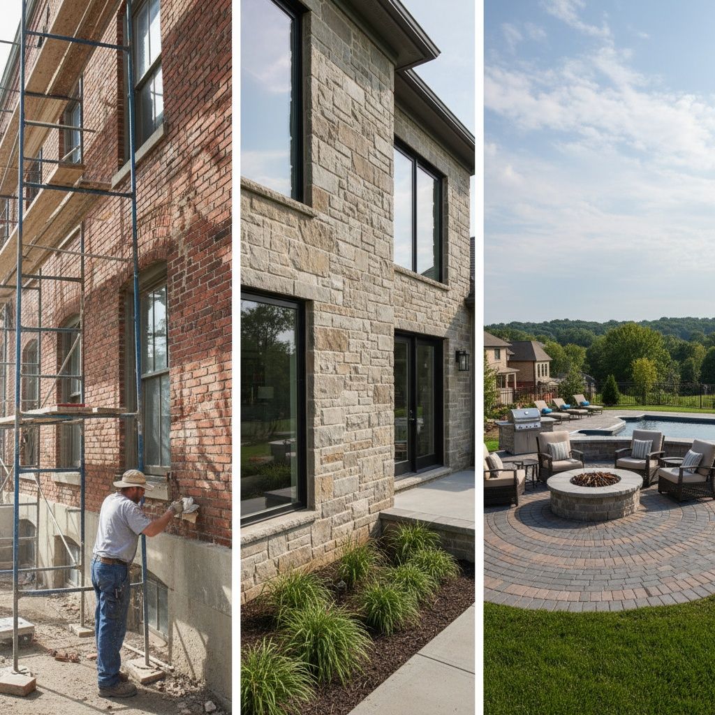 Luxury backyard entertainment hub with a masonry outdoor kitchen, stone fireplace, and paver patio