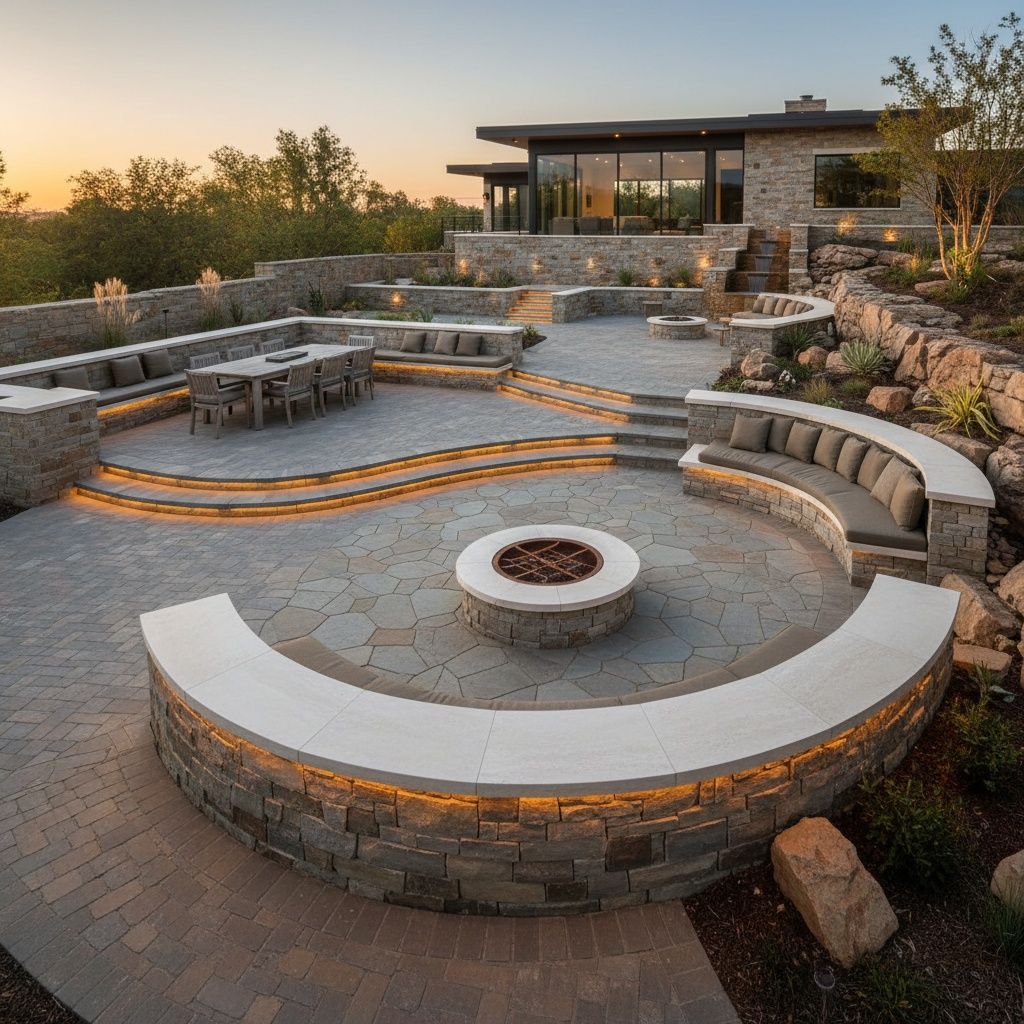 Luxury backyard entertainment hub with a masonry outdoor kitchen, stone fireplace, and paver patio