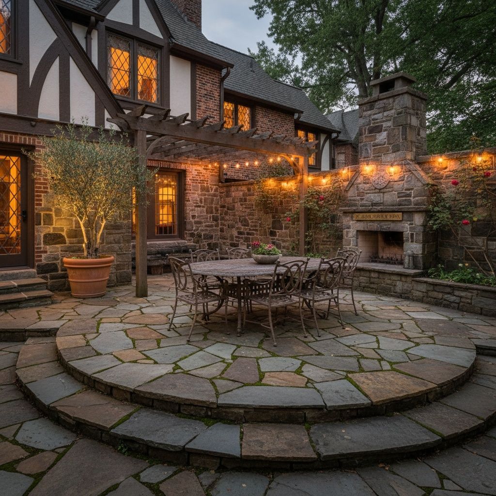 Outdoor living space featuring a natural stone patio and a stone-clad fireplace