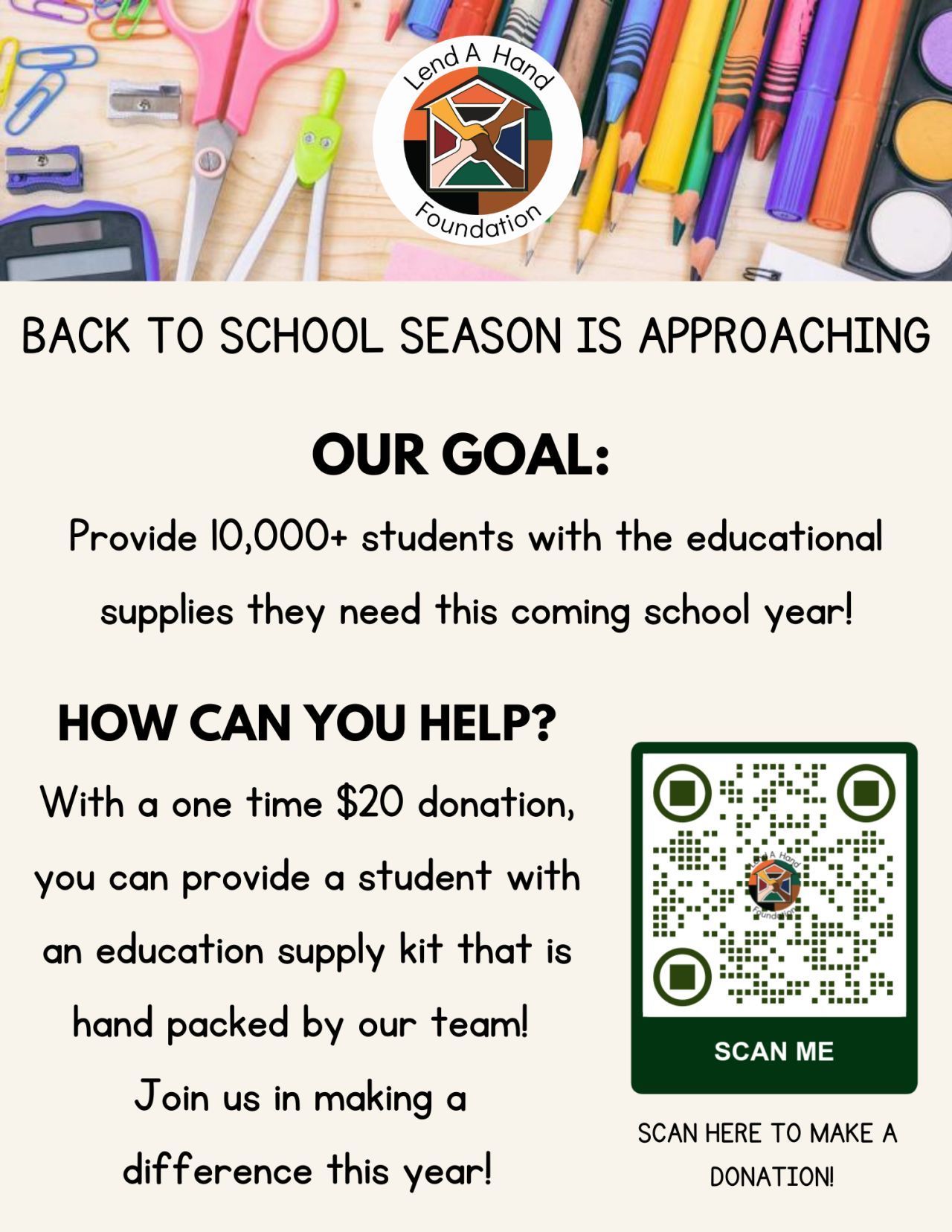 Back to school season is approaching. Our goal is to provide 10,000+ educational supply kits