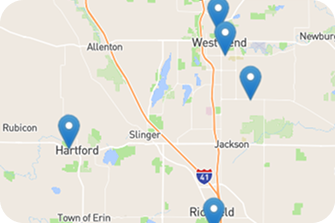 Map of southeastern Wisconsin with blue location pins near West Bend, Hartford, and Jackson. | Bob's Main Street Auto & Towing
