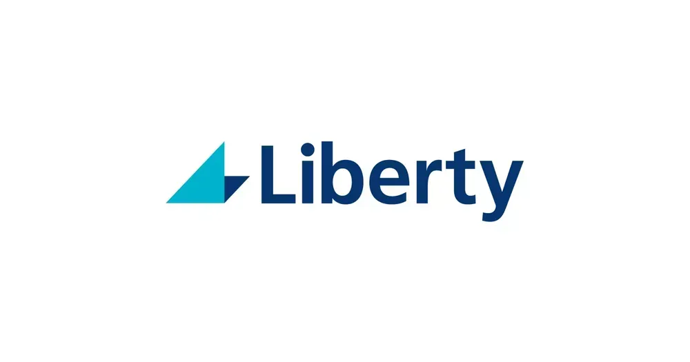 Liberty logo: blue and white text with a teal triangle.