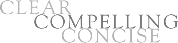 A logo that says clear compelling concise on a white background