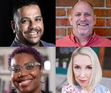 A collage of four people 's faces smiling in front of a brick wall.