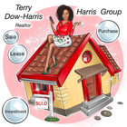 Cartoon of realtor sitting on a house. Woman in red jacket holds phone, with bubbles showing services. "Sold" sign.