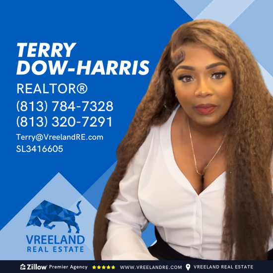 Terry Dow-Harris, Realtor, with contact info and Vreeland Real Estate logo, against a blue background.