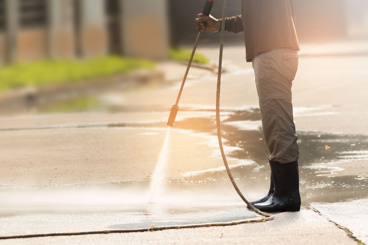 Worker cleaning driveway with high pressure washer