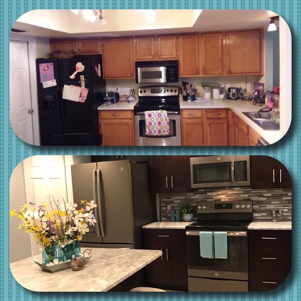a before and after photo of a kitchen