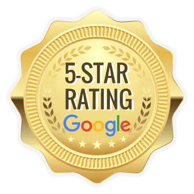 A gold badge with the words `` 5 star rating google '' written on it.