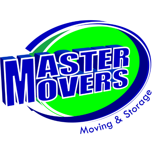 A blue and green logo for master movers moving and storage