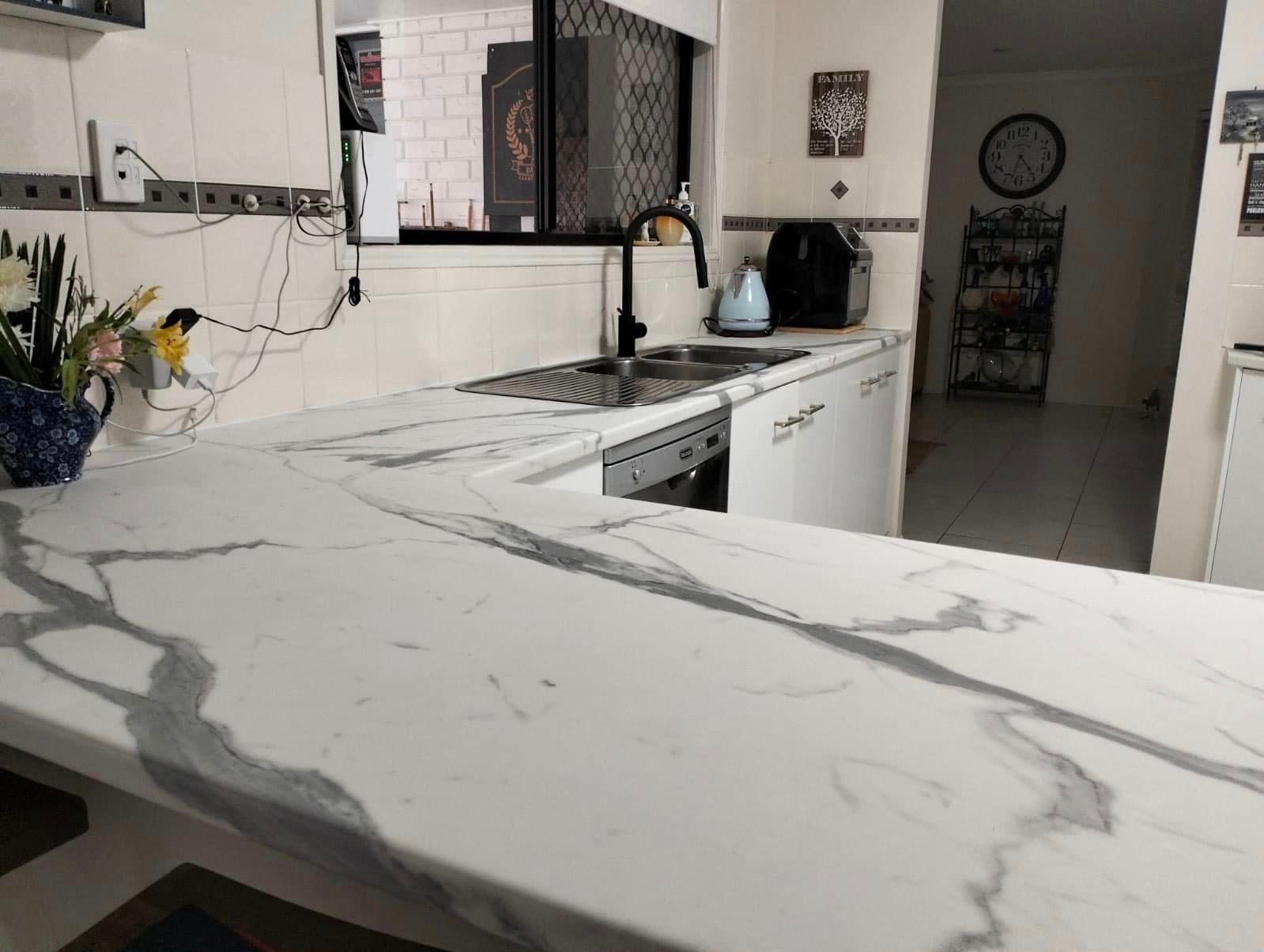 White and Grey Marble-look Countertop With Sink and Black Faucet in a Kitchen — ModulPlus in River Heads, QLD