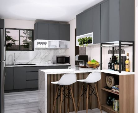 A Kitchen With a Bar and Stools in It — ModulPlus in Hervey Bay, QLD