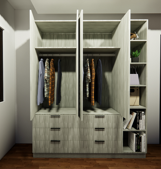 An Empty Walk in Closet With Wooden Shelves and Clothes Racks — ModulPlus in Hervey Bay, QLD