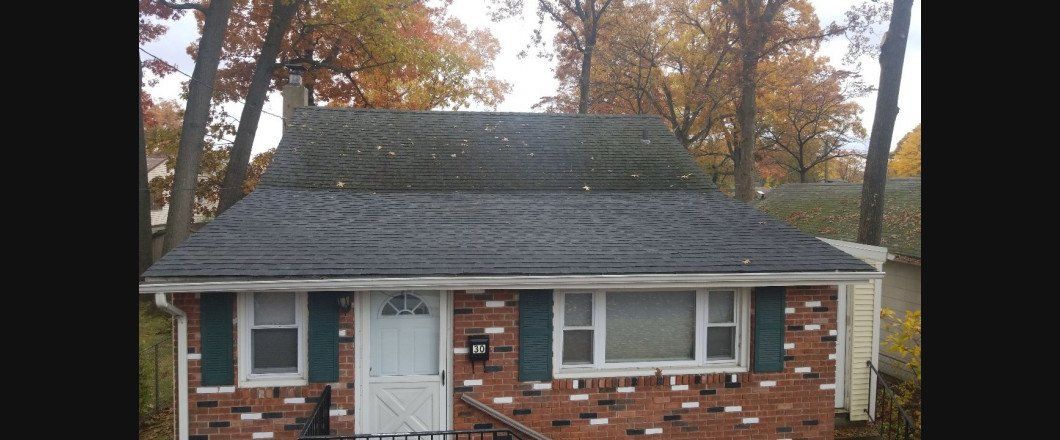 A small brick house with a black roof and green shutters is surrounded by trees.