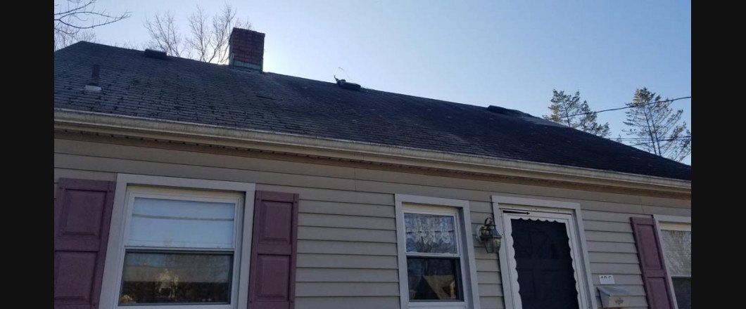 A house with a black roof and red shutters.