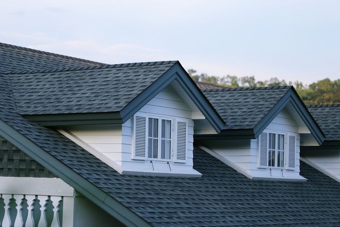 Gray shingled roof with two white dormer windows against a treeline at dusk