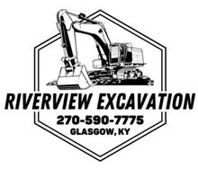 Logo for Riverview Excavation in Glasgow, KY, featuring a black-and-white excavator inside a hexagon outline.