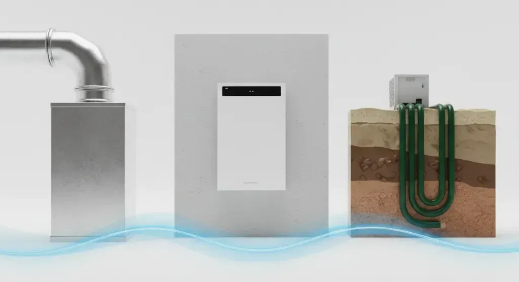 A conceptual side-by-side comparison of central ductwork, a ductless mini-split head, and geothermal ground loops in a studio setting.