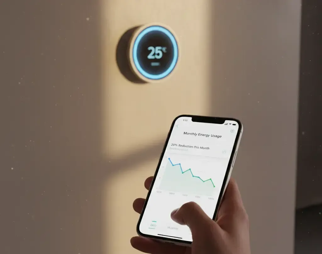 A person viewing a detailed energy savings report on their smartphone app, with a smart thermostat visible in the background.