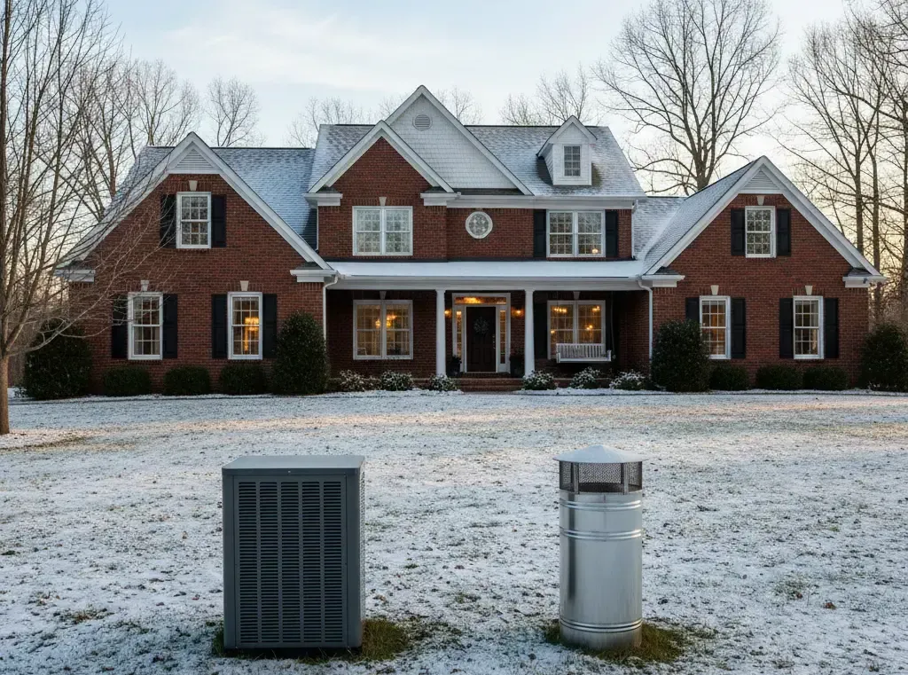 A family home in winter with a modern heat pump unit and a traditional furnace vent pipe visible in 