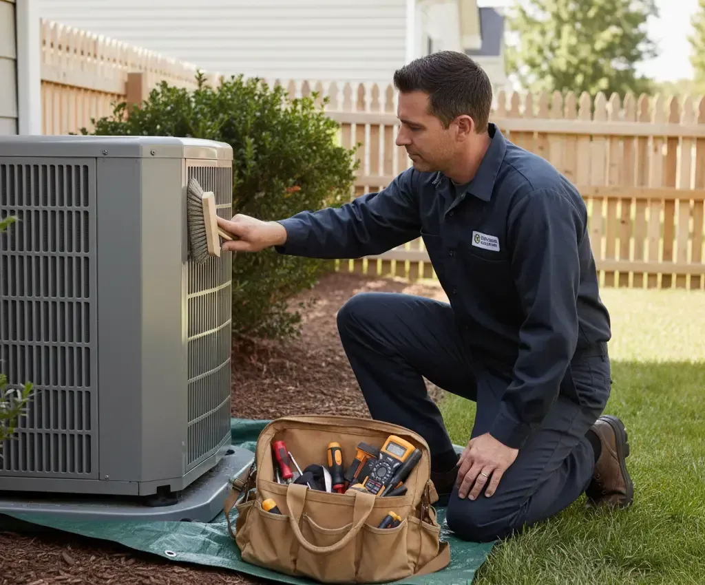 An HVAC technician performing routine cleaning and maintenance on an outdoor residential heat pump unit.