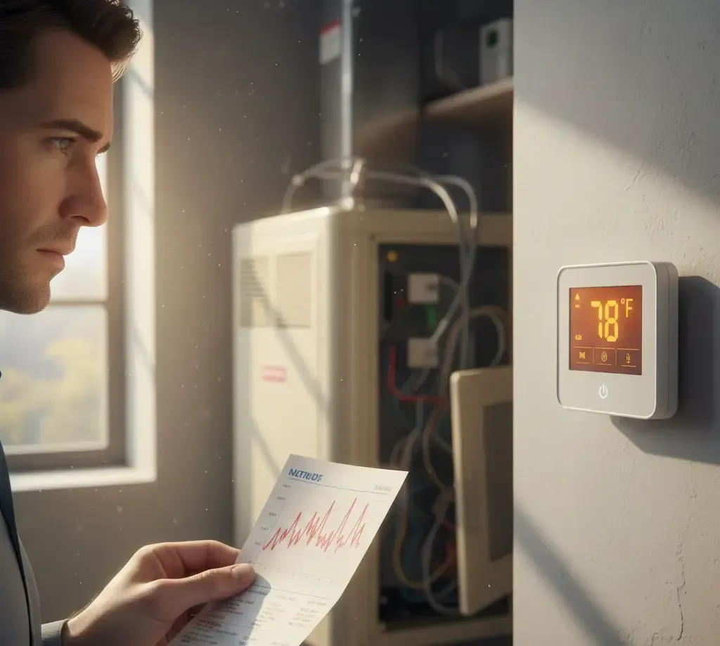 Man looking at paper, standing near a thermostat set to 78, with a heating system in the background.