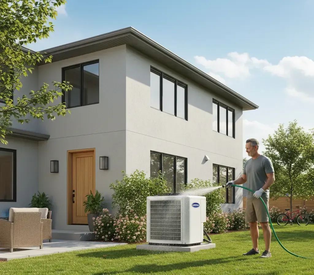 Man hoses off an air conditioner unit in front of a modern two-story home with a green lawn.