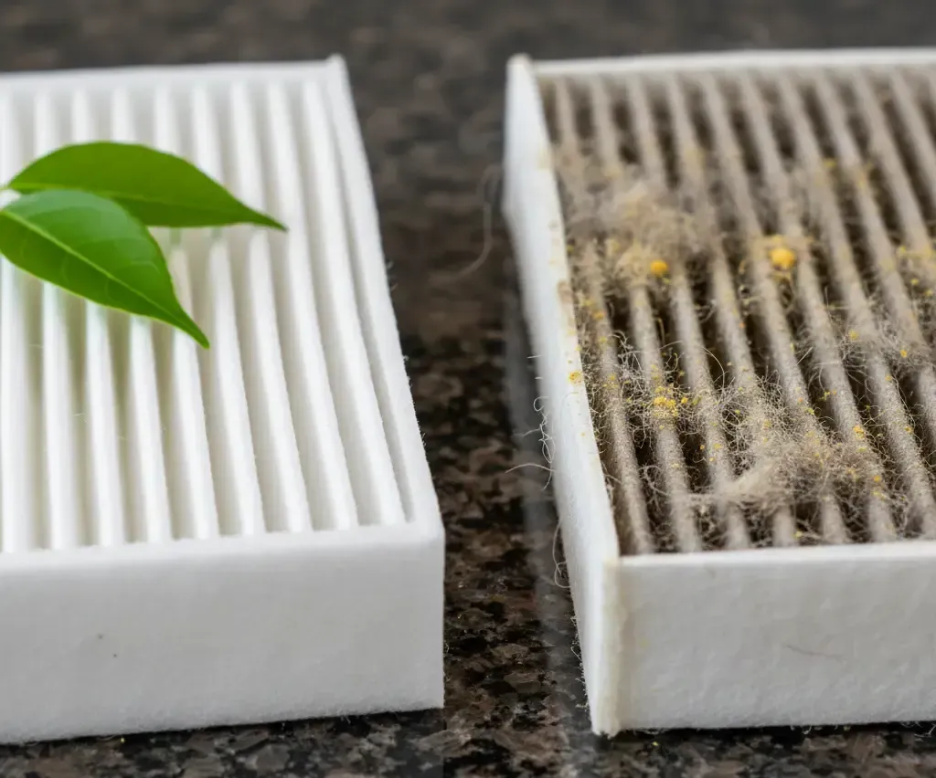 A close-up comparison of a clean, new HVAC filter and a dirty, used one, demonstrating the importance of regular replacement.