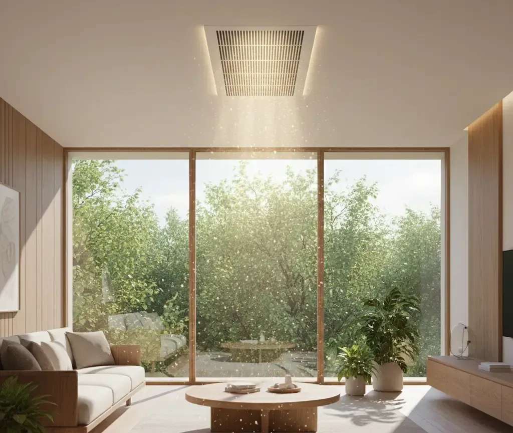 A clean, sunlit living room with a modern HVAC vent on the ceiling, symbolizing fresh indoor air.