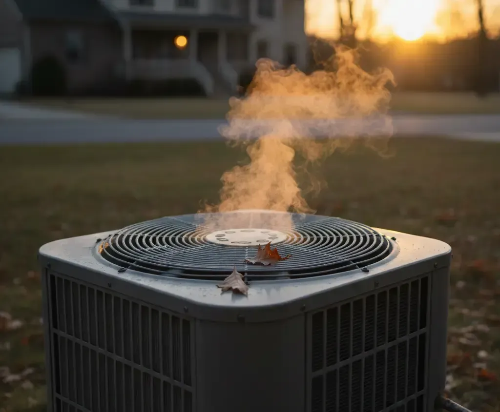AC unit outside, emitting steam against a sunset background.