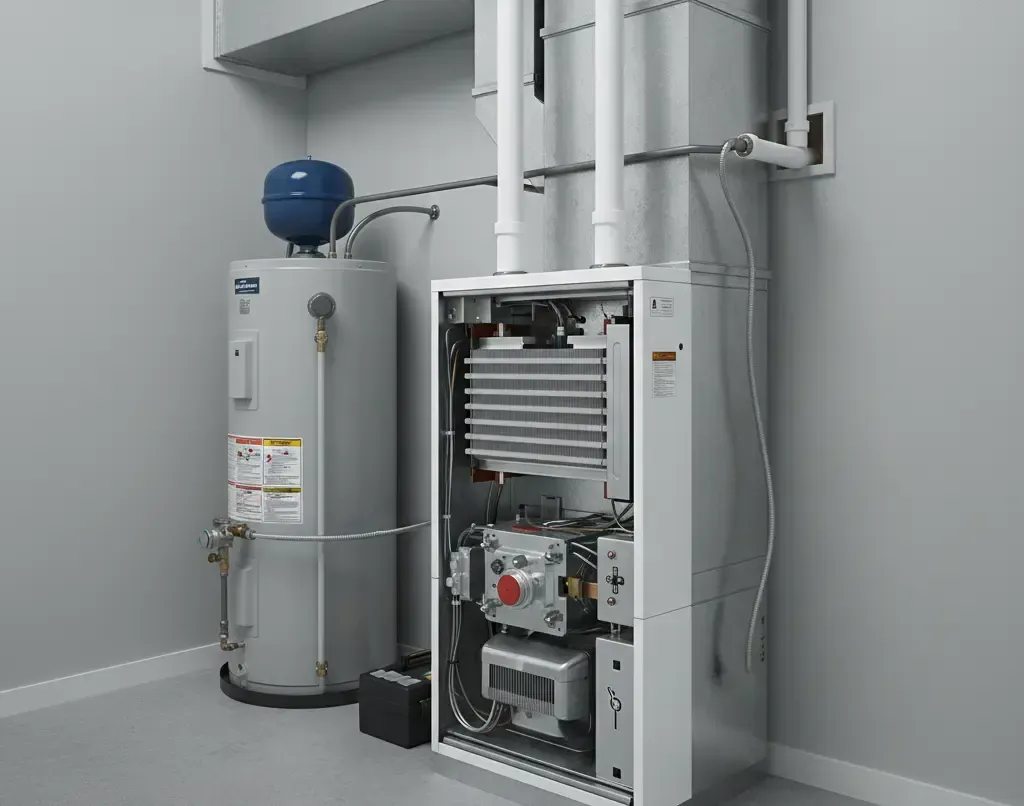 A cutaway or open view of a high-efficiency gas furnace installed in a clean, realistic home utility space, showing its internal components.
