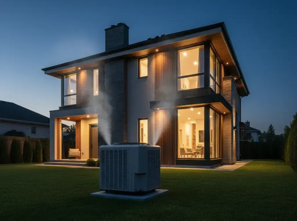 A modern two-story home at dusk with a sleek, quiet air conditioning unit running in the side yard.