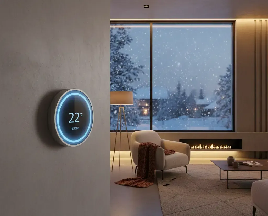 A warm, inviting living room with a softly glowing smart thermostat on the wall, showcasing automate