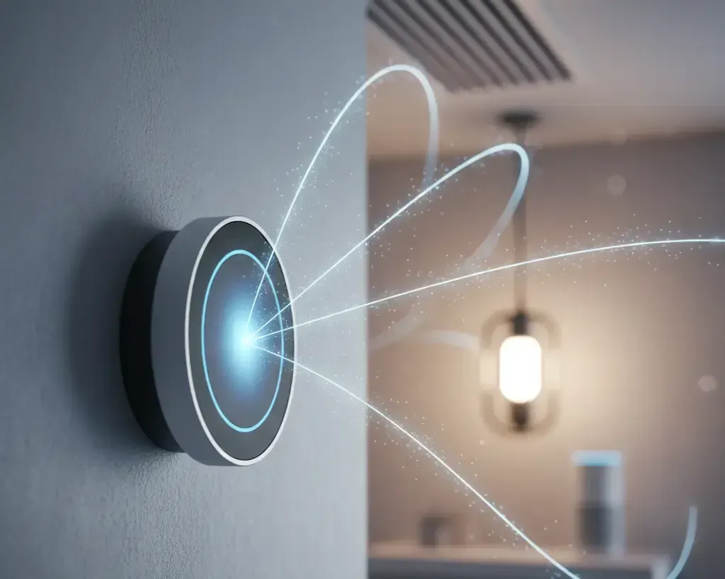 An artistic shot of a smart thermostat with visual connections to other smart home devices, representing seamless ecosystem integration.