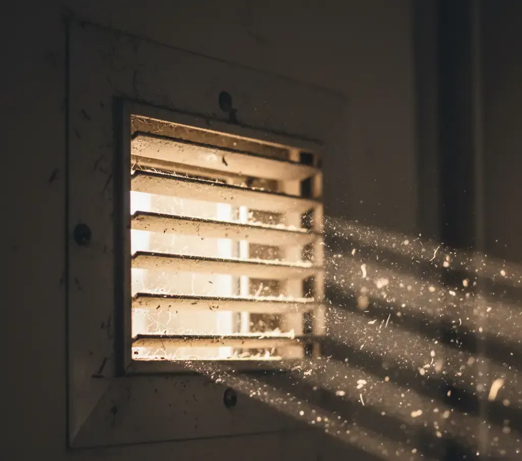 Dust motes illuminated by light streaming through a dirty, rectangular vent in a wall.