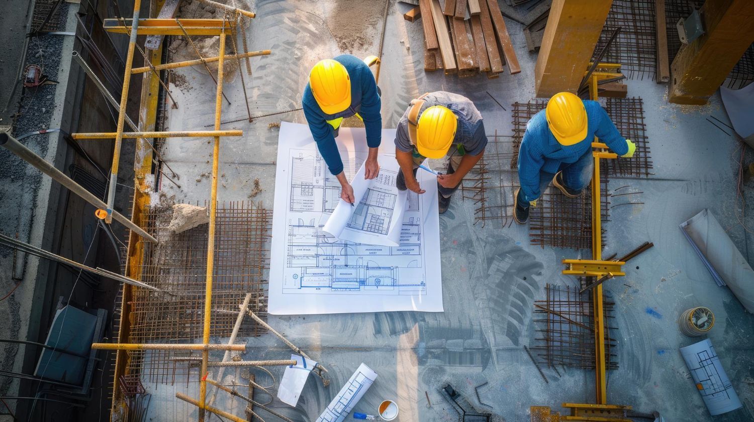 Construction site with blueprints and safety helmets on table