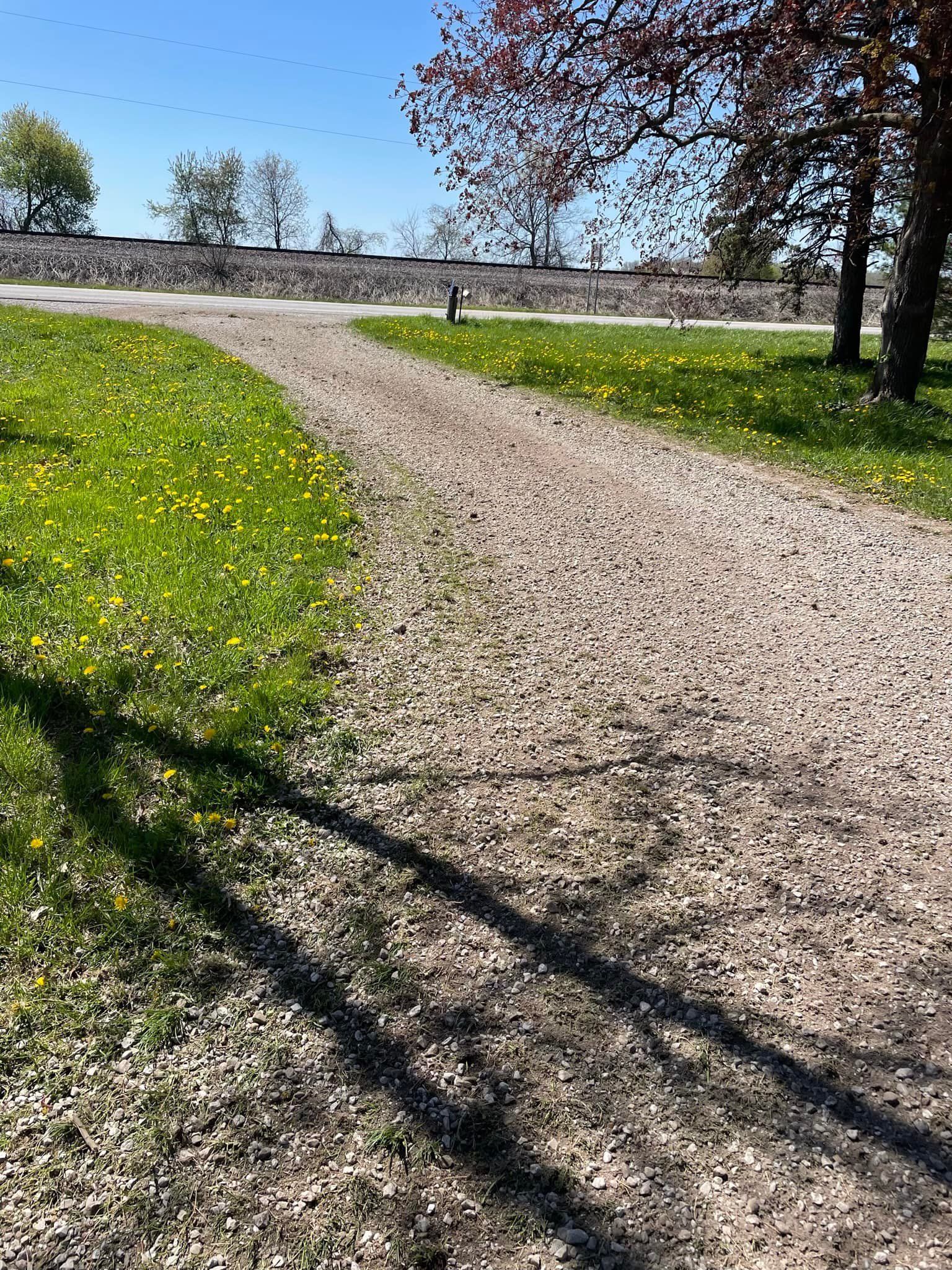 Gravel path through a grassy field with dandelions, leading towards a stone wall and trees under a blue sky.