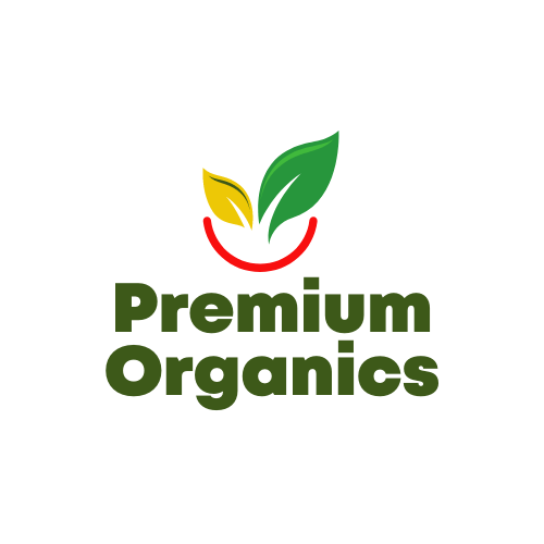 A logo for premium organics with a smiling face and leaves.