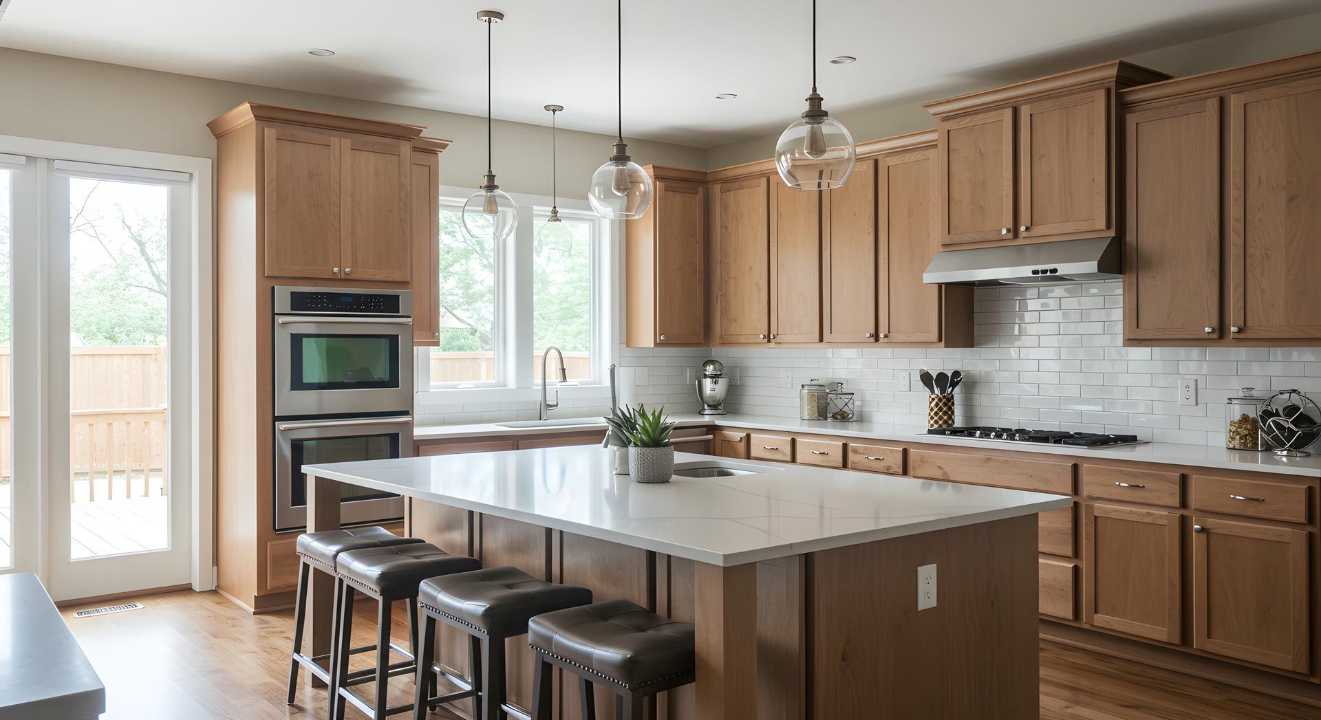 Bright kitchen with wood cabinets, island seating, stainless appliances, and large windows