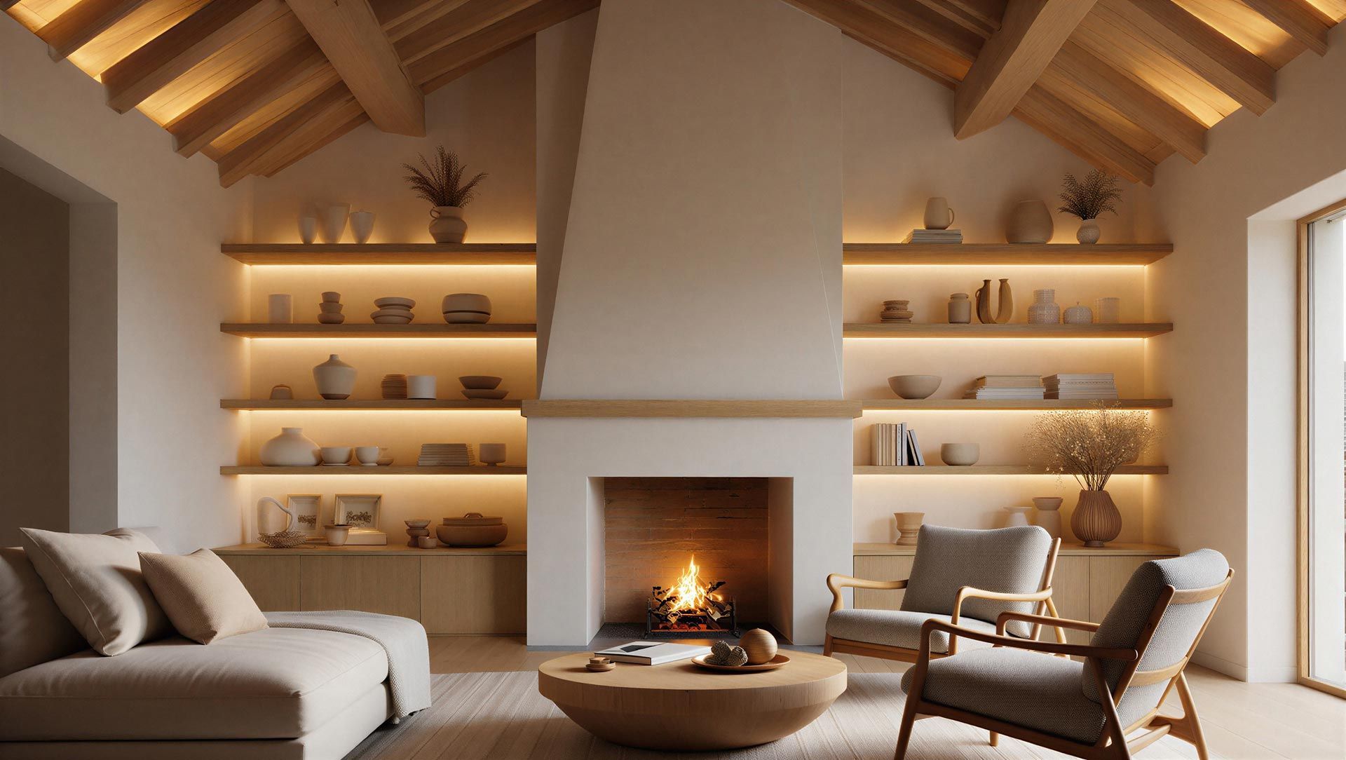 Cozy living room with a central fireplace, built-in shelves, vaulted wood ceiling, and neutral-toned seating.