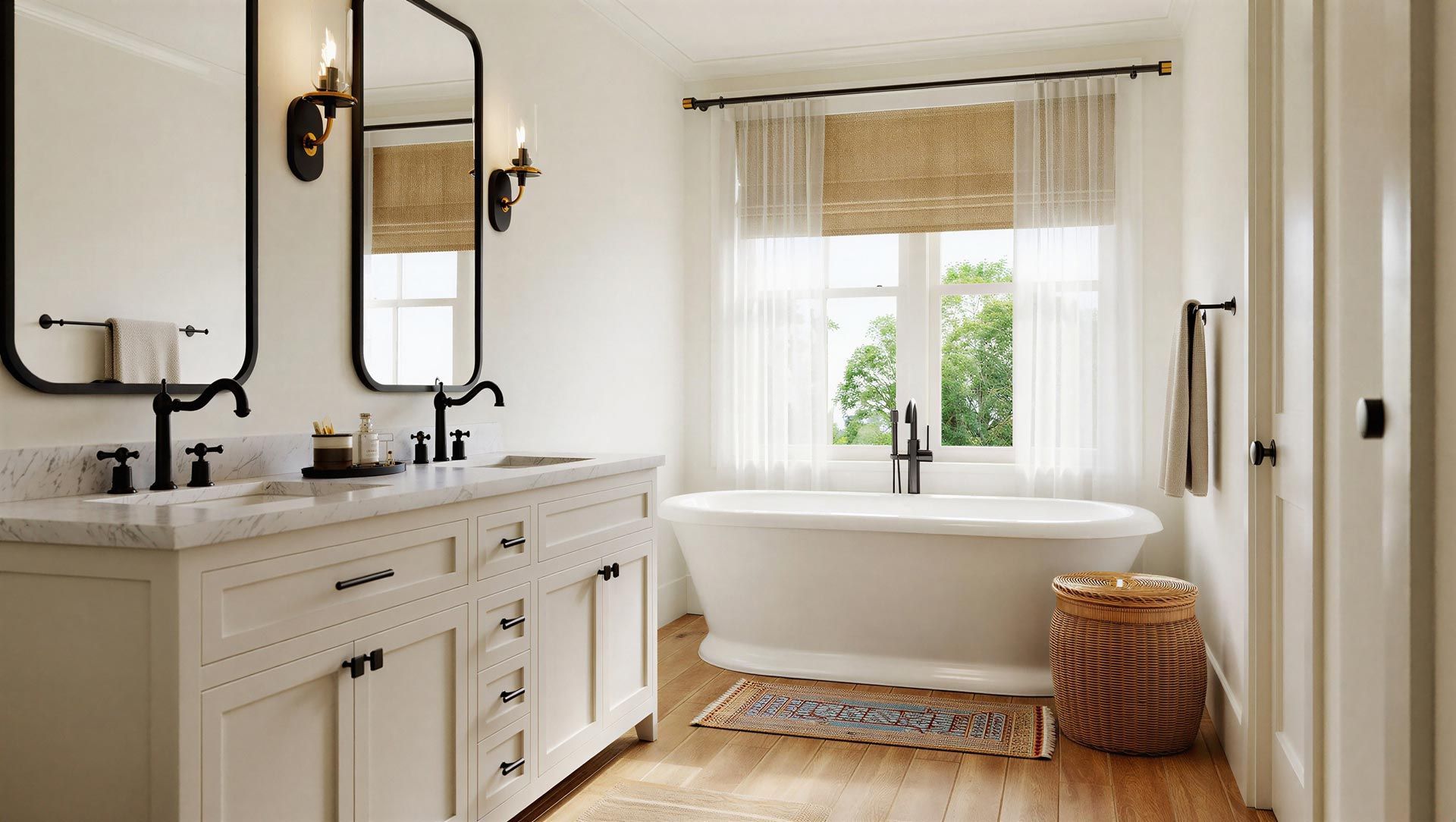 Bright bathroom with white vanity, large window, freestanding tub, and wicker hamper