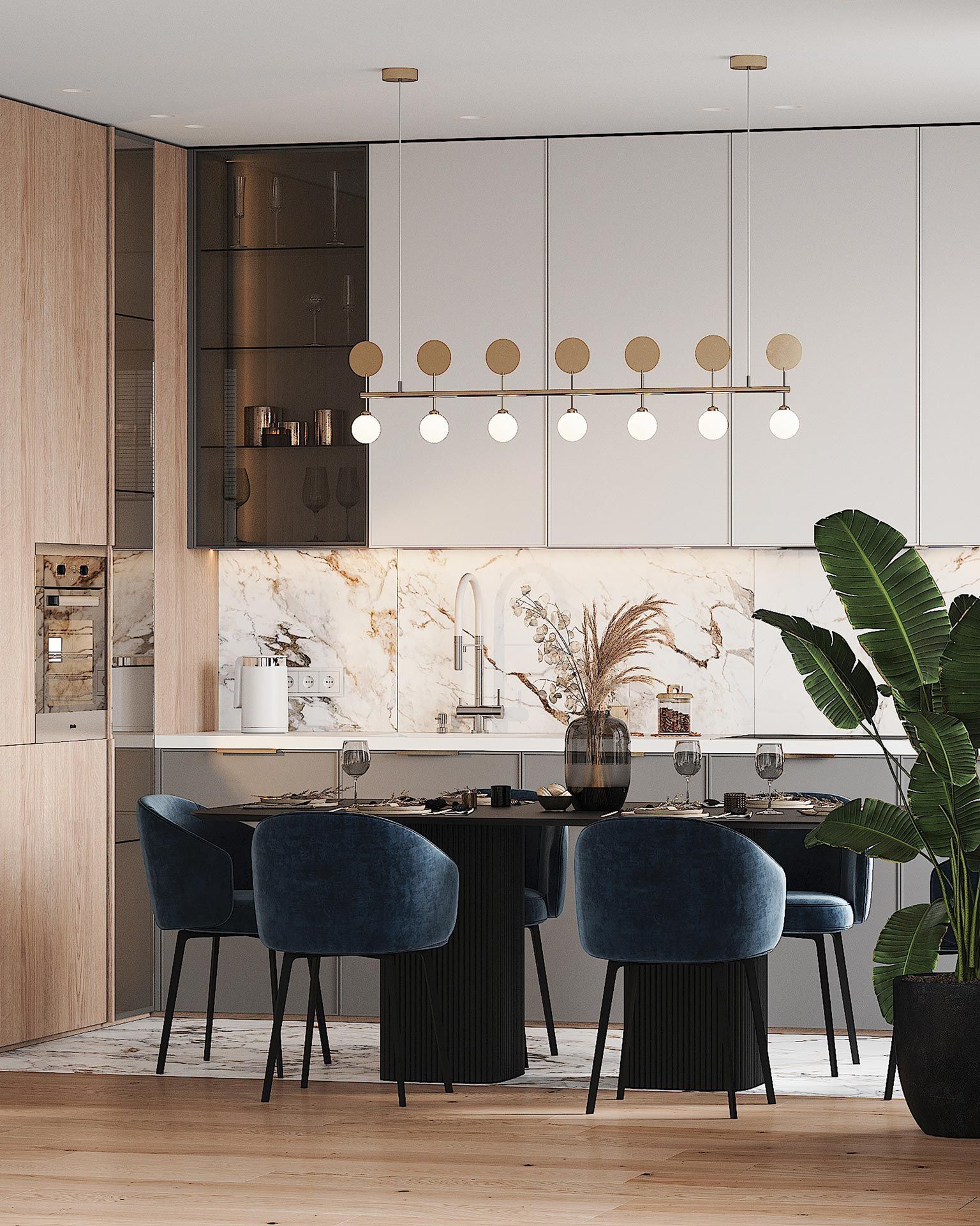 Modern kitchen with wood and white cabinets, marble backsplash, dark dining chairs, and a leafy plant