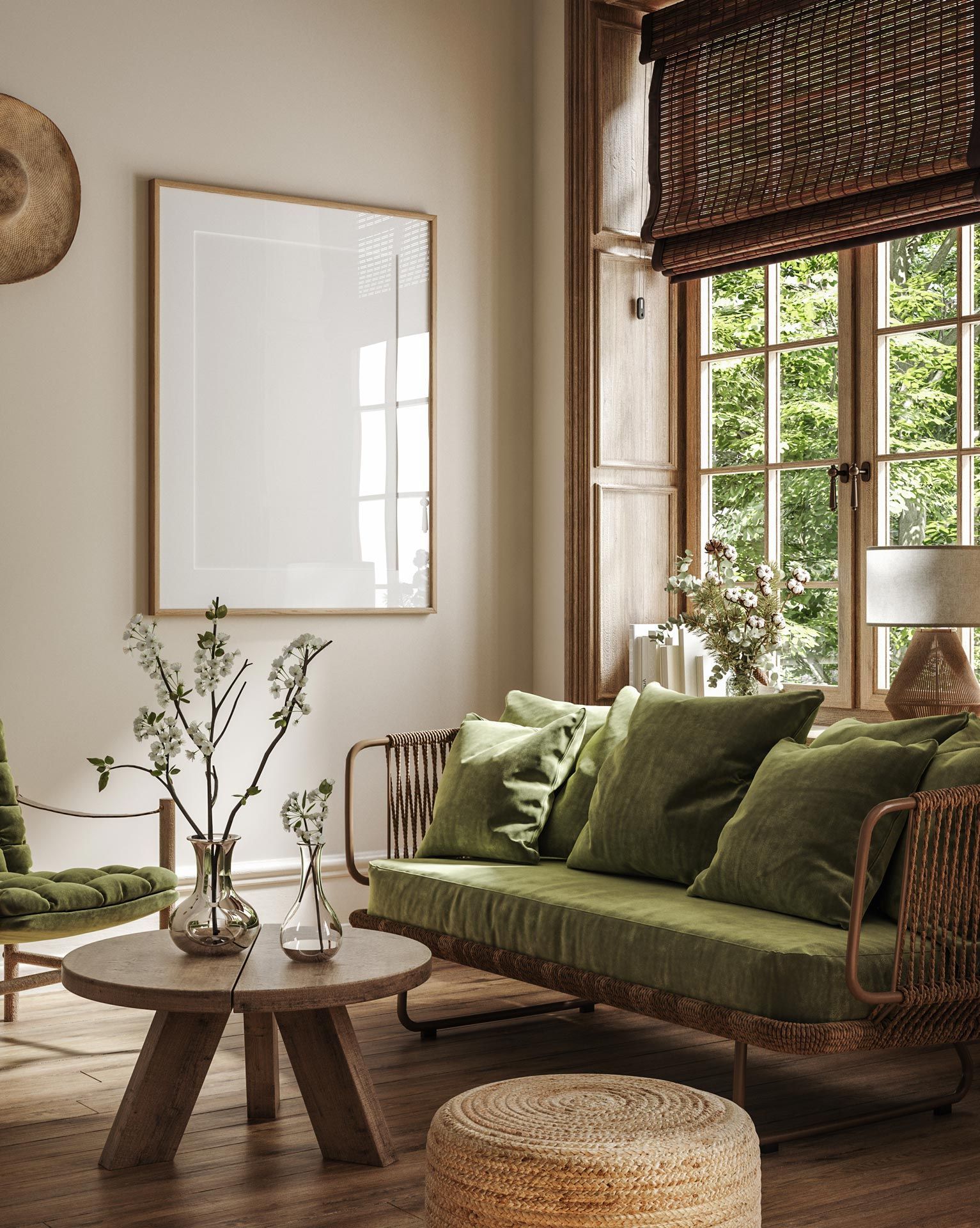 Cozy living room with green sofa, wooden coffee table, plants, and sunlight through large window