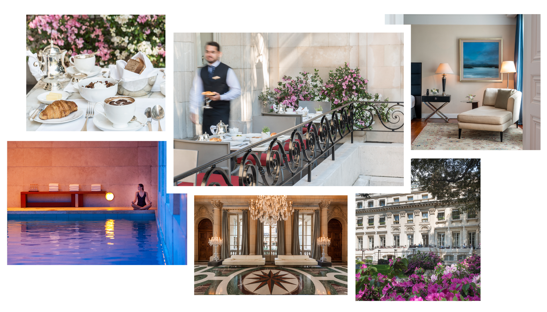Un collage de fotografías de una mujer, una piscina, un plato de comida y un masaje.