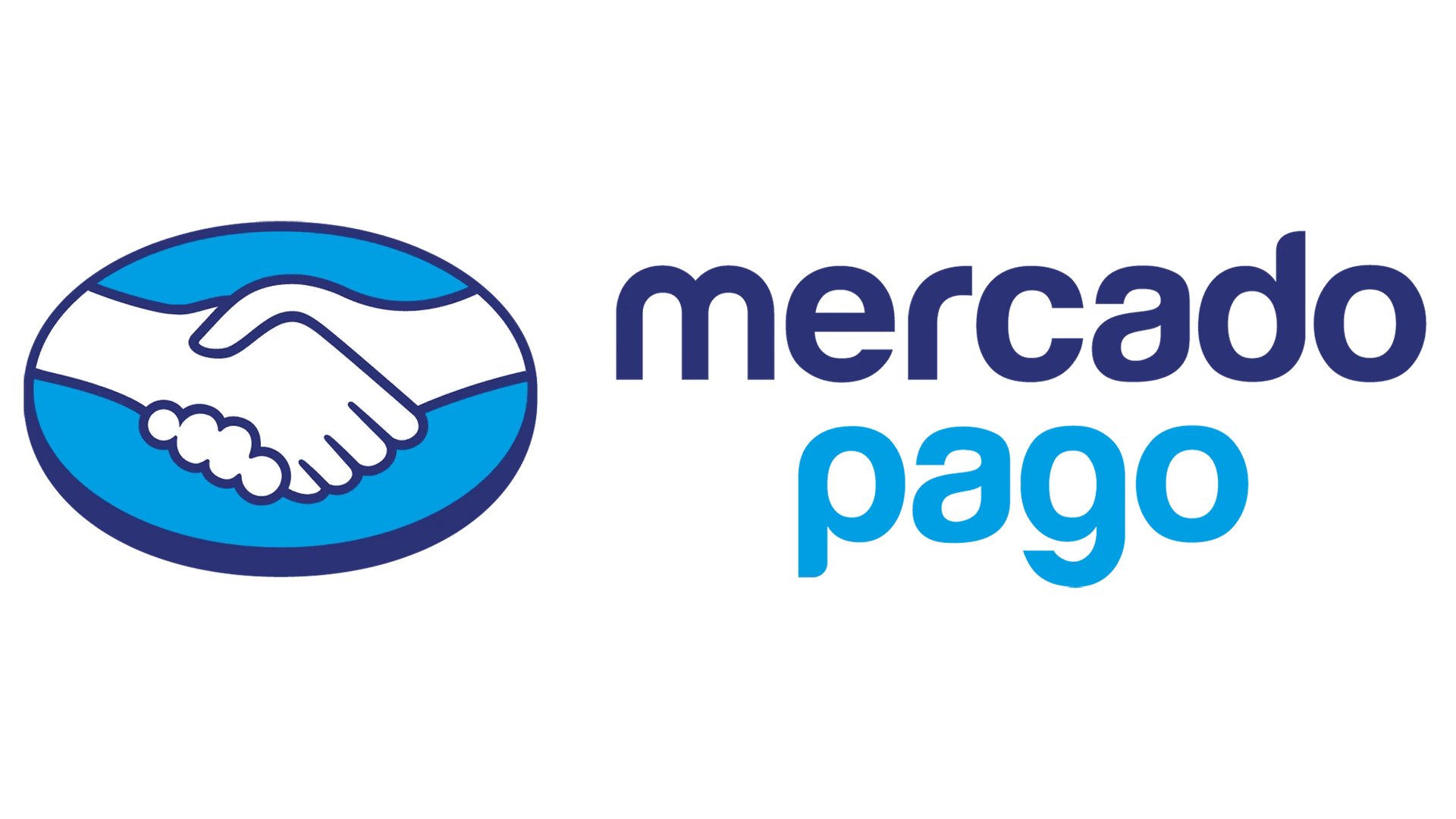 El logo de Mercado Pago es un círculo azul con dos manos temblorosas.